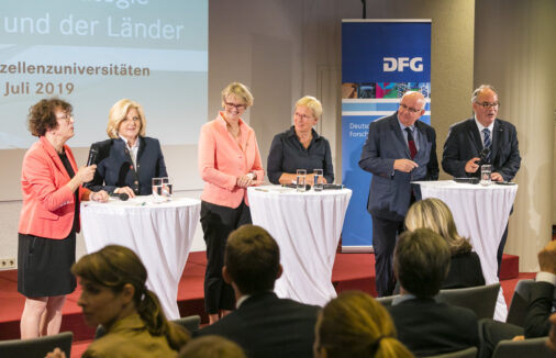 Six persons talking at the press conference on the decisions in the Excellence Strategy 2019